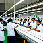 A modern, high-tech garment factory interior in Bangladesh. The scene features clean production lines with advanced automated sewing machines and digital control panels. Workers are fully clothed in modest, professional factory uniforms, operating machinery with precision. Rolls of eco-friendly fabrics are subtly visible, suggesting sustainable practices. The facility is brightly lit with natural light, emphasizing efficiency and forward-thinking operations. safe for work, appropriate content, fully clothed, professional, perfect anatomy, correct proportions, natural pose, well-formed hands, proper finger count, natural body proportions, high-quality industrial photography, crisp focus.