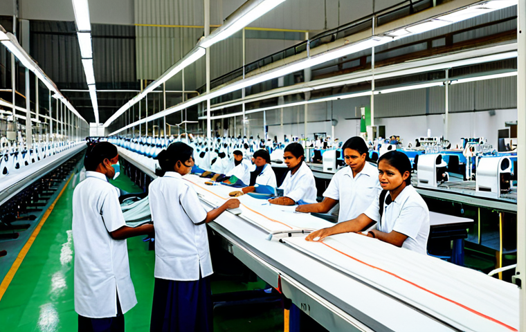 A modern, high-tech garment factory interior in Bangladesh. The scene features clean production lines with advanced automated sewing machines and digital control panels. Workers are fully clothed in modest, professional factory uniforms, operating machinery with precision. Rolls of eco-friendly fabrics are subtly visible, suggesting sustainable practices. The facility is brightly lit with natural light, emphasizing efficiency and forward-thinking operations. safe for work, appropriate content, fully clothed, professional, perfect anatomy, correct proportions, natural pose, well-formed hands, proper finger count, natural body proportions, high-quality industrial photography, crisp focus.