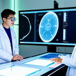 A diverse group of young adult university students, fully clothed in modest, professional lab coats, engaged in cutting-edge research within a futuristic Daka University laboratory. One student is interacting with a sleek robot arm, another is analyzing data on a large holographic screen, and a third is observing a sophisticated medical simulation dummy. The lab is brightly lit, with clean surfaces, advanced scientific equipment, and glowing monitors. Focus on their focused expressions and the innovative atmosphere. Perfect anatomy, correct proportions, natural poses, well-formed hands, proper finger count, natural body proportions. Professional photography, high detail, high resolution, safe for work, appropriate content, fully clothed, professional, family-friendly.
