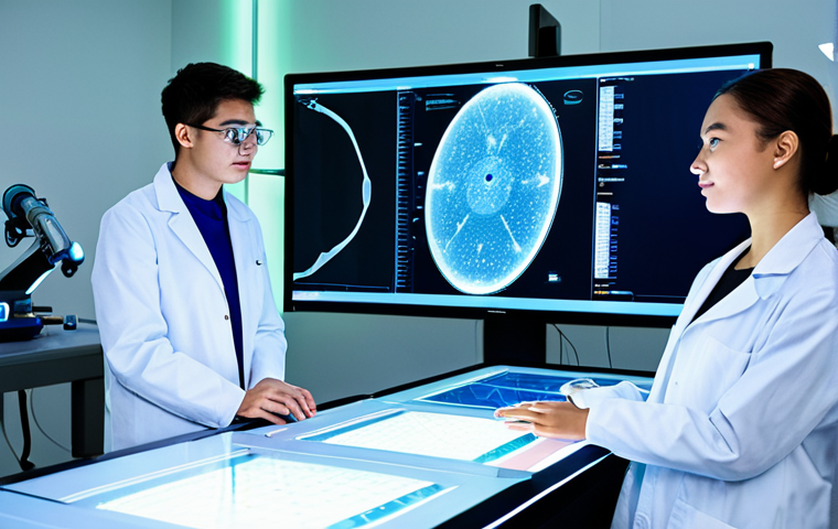 A diverse group of young adult university students, fully clothed in modest, professional lab coats, engaged in cutting-edge research within a futuristic Daka University laboratory. One student is interacting with a sleek robot arm, another is analyzing data on a large holographic screen, and a third is observing a sophisticated medical simulation dummy. The lab is brightly lit, with clean surfaces, advanced scientific equipment, and glowing monitors. Focus on their focused expressions and the innovative atmosphere. Perfect anatomy, correct proportions, natural poses, well-formed hands, proper finger count, natural body proportions. Professional photography, high detail, high resolution, safe for work, appropriate content, fully clothed, professional, family-friendly.