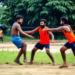 Kabaddi Action**

"A group of fully clothed athletes playing Kabaddi in a rural Bangladeshi village. They are in the middle of a match, with one 'raider' attempting to tag opponents. The players wear modest athletic wear. Safe for work, appropriate content, perfect anatomy, natural pose, action shot, high-quality sports photography, family-friendly."

**