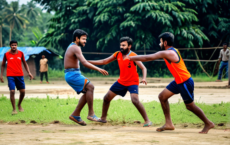 Kabaddi Action**

"A group of fully clothed athletes playing Kabaddi in a rural Bangladeshi village. They are in the middle of a match, with one 'raider' attempting to tag opponents. The players wear modest athletic wear. Safe for work, appropriate content, perfect anatomy, natural pose, action shot, high-quality sports photography, family-friendly."

**